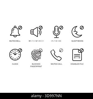 Collection de huit icônes d'interface numérique essentielles, y compris le volume de la sonnerie de notification microphone horloge lune empreinte digitale téléphone et document Illustration de Vecteur