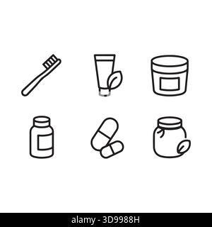 Collection de six icônes simples en noir et blanc représentant des produits d'hygiène personnelle et de santé pour une esthétique propre Illustration de Vecteur