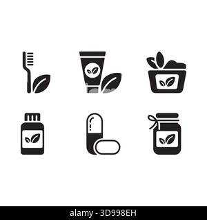 Collection de six icônes simples en noir et blanc représentant des produits d'hygiène personnelle et de santé pour une esthétique propre Illustration de Vecteur