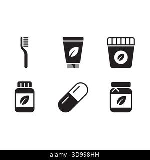 Collection de six icônes simples en noir et blanc représentant des produits d'hygiène personnelle et de santé pour une esthétique propre Illustration de Vecteur