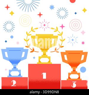 Illustration vectorielle de podium avec des coupes de prix en or, argent et bronze. Trophée champion, prix, icône de prix. Éléments de conception récompense pour le championnat wi Illustration de Vecteur