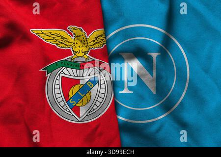 Pringsewu, Lampung ; 5 décembre 2025 ; la combinaison des logos des clubs de football SL Benfica et Napoli avec une texture de tissu ondulé dans le Champions Lea Banque D'Images
