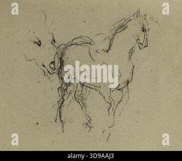 Etude d'un cheval et d'une tête de cheval (p. 38 du carnet de croquis), Carpeaux, Jean-Baptiste, dessinateur, 1871, 3ème quart du 19ème siècle, Arts graphiques, dessin, dessin, craie noire, papier, Londres, dimensions - travail : hauteur : 11,3 cm, largeur : 16,2 Banque D'Images