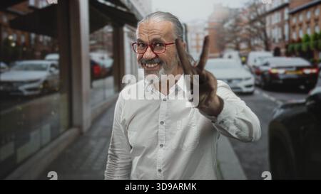 Homme aux longs cheveux gris, barbe et lunettes rouges sourit et tient deux doigts pour la paix dans une rue animée de la ville ; optimisme joyeux. Banque D'Images