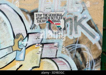 La Paz, Bolivie, 4 décembre 2025 : détail d'une partie d'une affiche soutenant la résistance palestinienne sur une murale représentant un artiste graffiti sur un mur dans le centre de la Paz. L'affiche exige également la fin des colonies de colons israéliennes supposées, se référant peut-être à la théorie du complot du Plan Andinia qui allègue des plans pour établir un État juif dans certaines parties de l'Argentine et du Chili. Banque D'Images