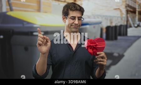 Homme tenant un cadeau de coeur rouge dans sa main droite et montrant le pouce gauche vers le bas dans une ruelle de rue ; rejet chagrin. Banque D'Images