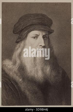 Portrait de Léonard de Vinci (1452-1519), peintre et scientifique, par Gustav Schauer, photographe, et J. Lozano, distributeur. Entre 1860 et 1890, seconde moitié du XIXe siècle. Photographie, arts graphiques, impression à l'albumen. Dimensions - oeuvre : hauteur : 8,3 cm, largeur : 5,6 cm. Dimensions - ancienne monture : hauteur : 10,5 cm, largeur : 6,2 Banque D'Images