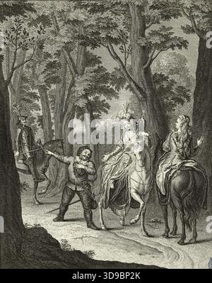 L'histoire de Don Quichotte d'après Charles Antoine Coypel, Don Quichotte ayant Sancho Panza demander à la duchesse la permission de la voir (seizième numéro d'une série de 31 gravures), Van der Schley, Jakob, graveur, Coypel, Charles Antoine, auteur du modèle, École française, 1742, XVIIIe siècle, Imprimer, arts graphiques, impression interprétative, gravure, dimensions - travail : hauteur : 21,4 cm, largeur : 16 Banque D'Images