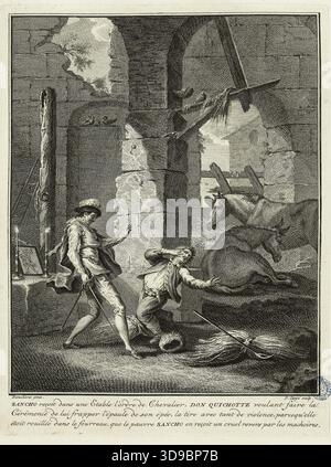 L'histoire de Don Quichotte après Pierre Charles Tremolière, Sancho reçoit l'ordre de chevalier dans une étable (vingt-huitième numéro d'une série de 31 pièces), Tanjé, Pierre, graveur, Tremolière, Pierre Charles, auteur du modèle, École française, 1745, XVIIIe siècle, Imprimer, arts graphiques, impression interprétative, gravure, dimensions - travail : hauteur : 21,2 cm, largeur : 16 Banque D'Images