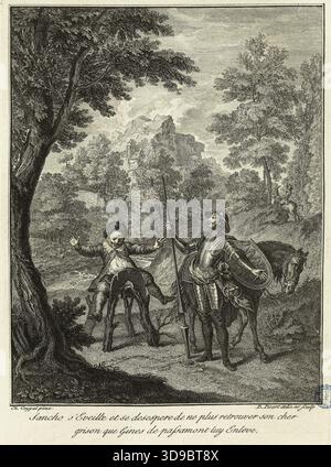 L'histoire de Don Quichotte d'après Charles Antoine Coypel, Sancho se réveille et désespère à ne plus trouver son bien-aimé Grison (sixième d'une série de 31 estampes), Picart, Bernard, graveur, Coypel, Charles Antoine, auteur de l'original, École française, 1746, XVIIIe siècle, Imprimer, arts graphiques, impression interprétative, gravure, dimensions - travail : hauteur : 21,8 cm, largeur : 15,7 Banque D'Images