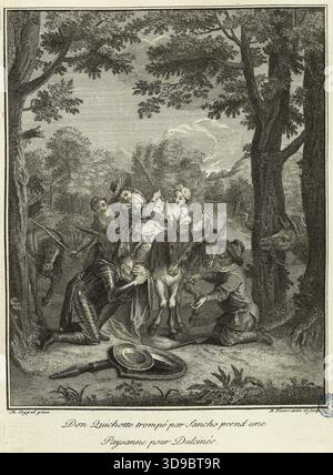 L'histoire de Don Quichotte d'après Charles Antoine Coypel, Don Quichotte trompé par Sancho plisse une paysanne pour Dulcinea (dixième numéro d'une série de 31 tirages), Picart, Bernard, graveur, Coypel, Charles Antoine, auteur du modèle, École française, 1746, XVIIIe siècle, Imprimer, arts graphiques, impression interprétative, gravure, dimensions - travail : hauteur : 22 cm, largeur : 16 Banque D'Images