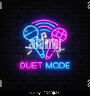 Karaoké deux microphones néon avec des notes de musique symbolisent un duo rempli d'harmonie et de rythme. Illustration de Vecteur