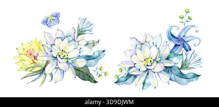 Magnifiques arrangements floraux à l'aquarelle avec des fleurs de lotus blanches et jaunes, des feuilles bleu-vert, des baies et des papillons. Idéal pour les invitations Banque D'Images