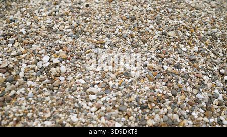 Gros plan affichant un motif détaillé de divers graviers naturels colorés et de petits cailloux, parfait pour les arrière-plans ou les thèmes de construction Banque D'Images