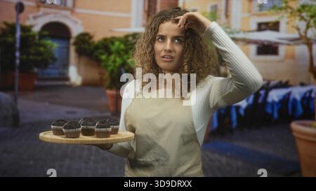 Femme dans un tablier tenant des muffins au chocolat sur un plateau en bois avec la main au front dans une rue ; incertitude pensive. Banque D'Images
