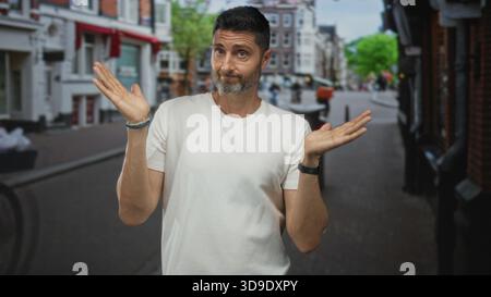 L'homme haussa les deux mains avec des paumes visibles sur une rue pavée à l'extérieur des magasins, face à la caméra avec une expression perplexe ; question d'incertitude. Banque D'Images
