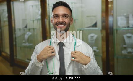 Médecin homme hispanique portant stéthoscope et manteau blanc souriant à l'intérieur de la bijouterie avec des affichages en verre présentant des pièces élégantes. Banque D'Images