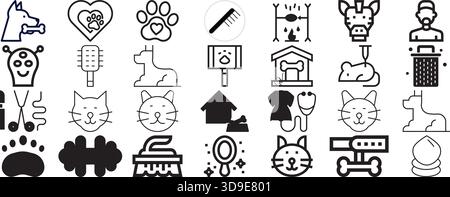 « Ensemble d'icônes de ligne de soins et de toilettage pour animaux de compagnie – Pack vectoriel de traitement vétérinaire pour chiens et chats » Illustration de Vecteur