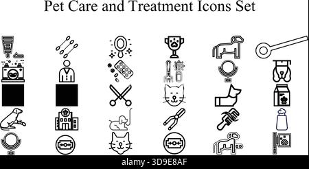 « Ensemble d'icônes de ligne de soins et de toilettage pour animaux de compagnie – Pack vectoriel de traitement vétérinaire pour chiens et chats » Illustration de Vecteur