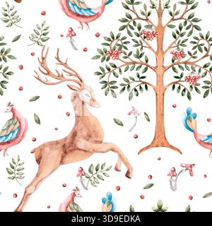 Un motif sans couture avec un cerf courant, des arbres et des oiseaux stylisés. Une fabuleuse illustration aquarelle pour le design d'intérieur, les vêtements et le tissu printin Banque D'Images