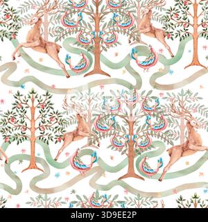 Un motif sans couture avec des cerfs en cours d'exécution, des chemins sinueux et des arbres sur un fond blanc. Illustration aquarelle pour la décoration intérieure, impression sur Clothin Banque D'Images