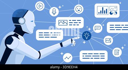 Robot IA générant du contenu et créant de nouvelles idées, concept IA générative Illustration de Vecteur