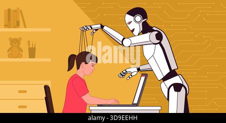 Robot IA manipulant l'esprit d'un enfant comme une marionnette sur une corde, la fille utilise un ordinateur portable et interagit avec un chatbot IA Illustration de Vecteur