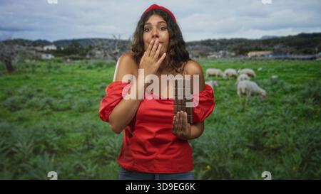 Adolescente tenant la barre de chocolat avec la main couvrant la bouche dans la forêt, le dessus rouge et le pâturage mouton dans les pâturages visibles ; curiosité ludique. Banque D'Images