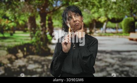 Femme âgée tenant des pinceaux de maquillage, la main sur le menton sur la rue bordée d'arbres ; réfléchissant introspection. Banque D'Images