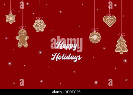 Conception de vacances avec des biscuits en pain d'épice suspendus et texte Happy Holidays sur fond rouge profond. Flocons de neige dispersés partout Illustration de Vecteur