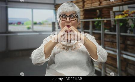 Femme forme le cœur avec les mains sur les yeux tout en regardant à travers les lunettes, portant chemisier blanc en dentelle dans l'allée de la serre avec des plantes et des caisses en bois ; joie Banque D'Images