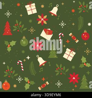 Motif de papier d'emballage de Noël sans couture avec fond rouge avec baies rouges, lettres de Noël, enveloppes, cloches, sapins, branches de sapin Illustration de Vecteur
