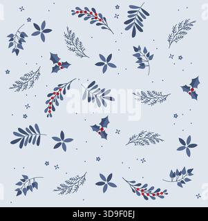 Motif vectoriel sans couture inspiré de la nuit de Noël, dans les couleurs bleues et rouges. Joyeux Noël et décoration de vacances d'hiver avec branches d'arbre stylisées Illustration de Vecteur