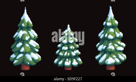 Snowy Pine Trees Pixel Art Set sur fond sombre Illustration de Vecteur