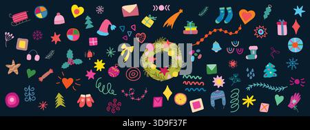 Illustration colorée de l'ensemble d'éléments de vacances de Noël et du nouvel an Illustration de Vecteur