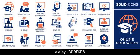 Jeu d'icônes d'éducation en ligne. Collection de leçons audio, tutoriels vidéo, apprentissage interactif et plus encore. Illustration vectorielle. Change facilement à n'importe quel Illustration de Vecteur