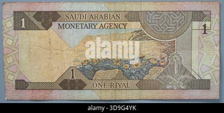 Inverser un billet de Riyal saoudien émis par l'Agence monétaire. 1990. Fahd bin Abdulaziz Al Saoud Banque D'Images