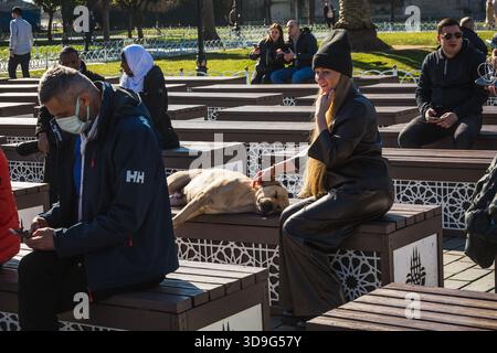 Jeune femme animaux chien pendant qu'elle dort sur le banc dans le parc. Istanbul, Turquie - 11 février 2022. Banque D'Images