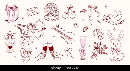 Éléments de mariage coquette dessinés à la main. Symboles mignons vintage avec ruban et noeud dans un style d'esquisse de crayon simple. Art tendance pour la Saint-Valentin et Bachelo Illustration de Vecteur