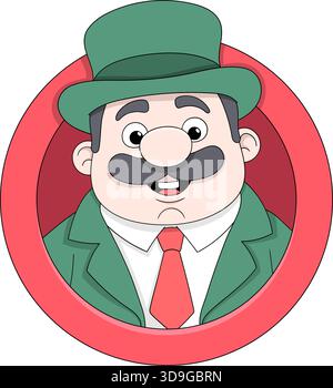 Un avatar joyeux de gentleman de dessin animé avec une moustache, un haut-de-forme vert et un costume assorti dans un cadre circulaire rouge audacieux Illustration de Vecteur