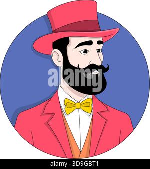 Un avatar vintage éclatant pour gentleman avec un haut-de-forme rose, un costume assorti, un noeud papillon jaune, une barbe et une moustache bien soignées Illustration de Vecteur