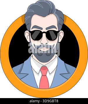 Un avatar masculin moderne illustré avec une barbe bien soignée, des lunettes de soleil et un costume habillé dans un cadre circulaire orange audacieux Illustration de Vecteur