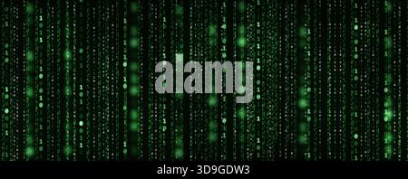 Résumé panoramique long fond de code binaire avec des chiffres verts formant un flux de données numériques, atmosphère high-tech pour la cybersécurité, la programmation, Un Banque D'Images