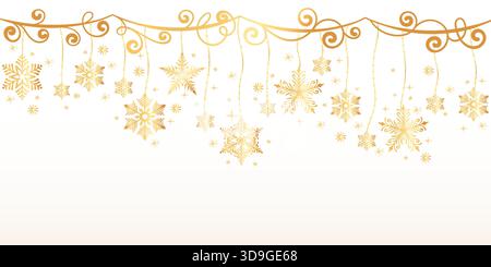 Guirlande de flocon de neige dessinée à la main avec tourbillons et étoiles. Flocons de neige décoratifs d'hiver élégants avec silhouettes symétriques ornementales formes, idéal pour Illustration de Vecteur