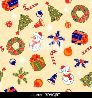 Fond sans couture de Noël sur papier de riz avec flocon de neige, cloche, arbre, couronne, illustration vectorielle Illustration de Vecteur