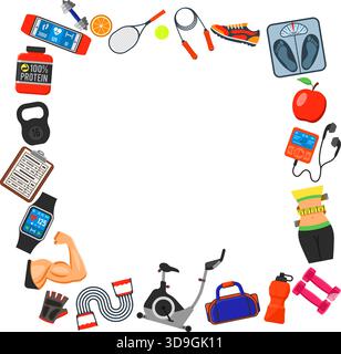 Fond de style de vie sain pour les applications mobiles, site Web, publicité comme la taille, vélo d'exercice, biceps et balances icônes. Illustration de Vecteur