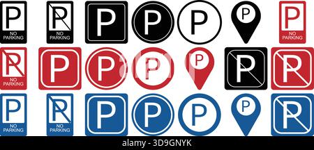 Ensemble d'icônes de stationnement et d'interdiction de stationnement dans plusieurs styles Illustration de Vecteur