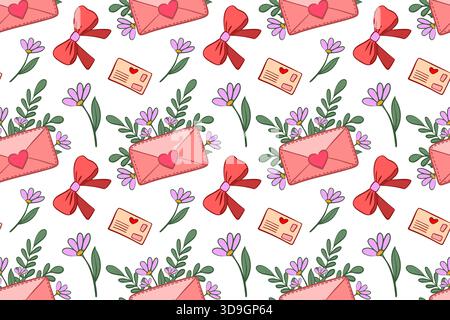 Modèle sans couture avec lettre mignonne avec un coeur entouré de fleurs. Illustration de l'enveloppe à plat. Convient pour décorer les cartes, les tissus, l'emballage PAP Illustration de Vecteur