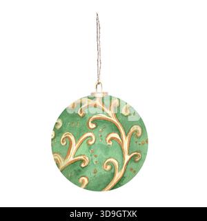 Boule en verre verte suspendue avec motif doré. Décoration d'arbre du nouvel an. Clipart des vacances de Noël. Illustration aquarelle dessinée à la main pour desi festif Banque D'Images