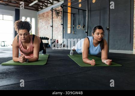 Diverses amies féminines tenant la planche sur des tapis verts dans le studio de fitness par pull-up plate-forme avec haltères Banque D'Images